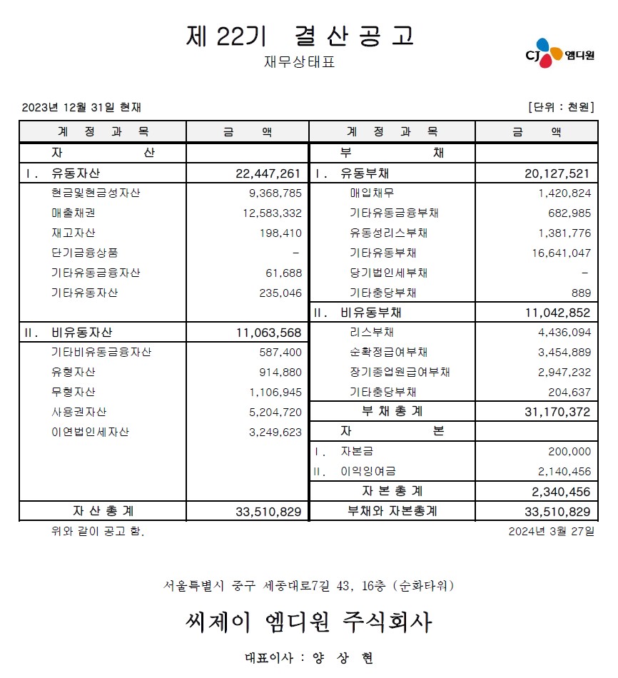 씨제이 엠디원 주식회사 제22기 결산공고 자세한 내용은 PDF 첨부 파일 참고